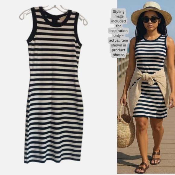 NWT $165 MICHAEL KORS Black And White Knit Striped Midi Dress Size S Sleeveless - Picture 1 of 6